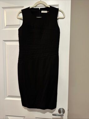 Calvin Klein Black Sleeveless Sheath Dress with Diagonal Pleats